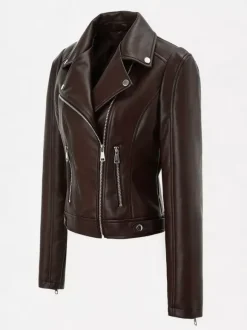 Veste de moto courte quatre couleurs col à revers fermeture éclair diagonale coupe ajustée manches longues vêtement d'extérieur