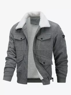Veste d'hiver en velours côtelé grande taille pour homme doublure polaire avec quatre poches à rabat sur le devant