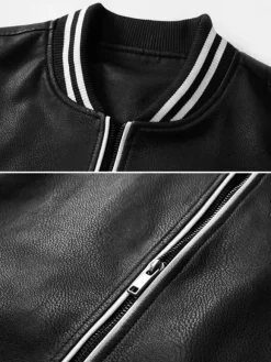 Veste en cuir unisexe grande taille pour homme couleur unie rayée fermeture éclair col montant vestes de moto
