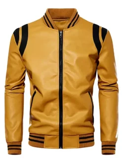Veste en cuir unisexe grande taille pour homme couleur unie rayée fermeture éclair col montant vestes de moto