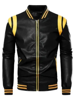 Veste en cuir unisexe grande taille pour homme couleur unie rayée fermeture éclair col montant vestes de moto