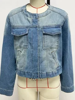 Veste en jean délavé vintage pour femme - Manteau trucker bleu rétro à simple boutonnage et coupe ample - Style streetwear décontracté printemps 2026
