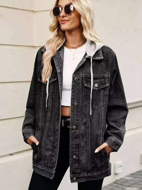 Veste en jean oversize à capuche pour femme - Manteau trucker long coupe boyfriend effet usé - Streetwear chic printemps 2026