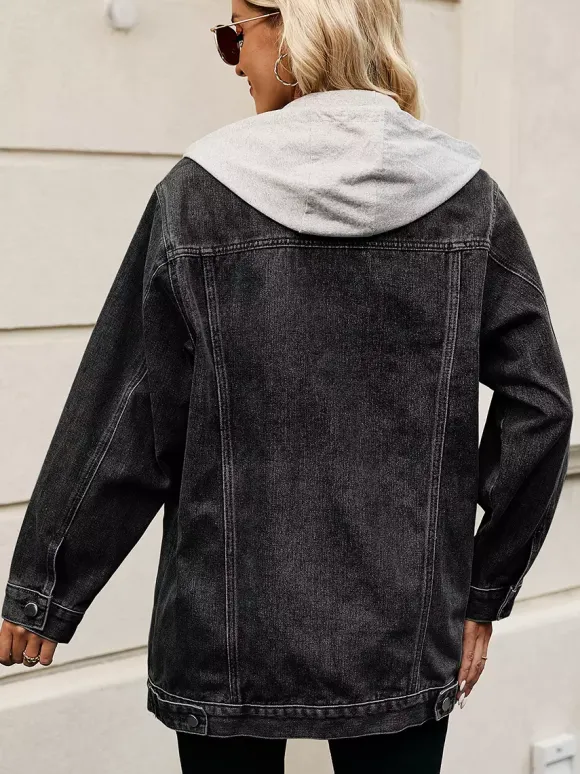 Veste en jean oversize à capuche pour femme - Manteau trucker long coupe boyfriend effet usé - Streetwear chic printemps 2026