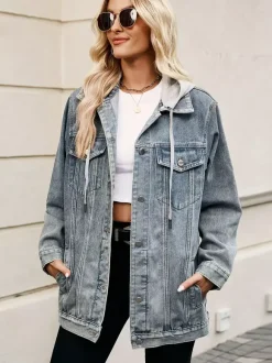 Veste en jean oversize à capuche pour femme - Manteau trucker long coupe boyfriend effet usé - Streetwear chic printemps 2026