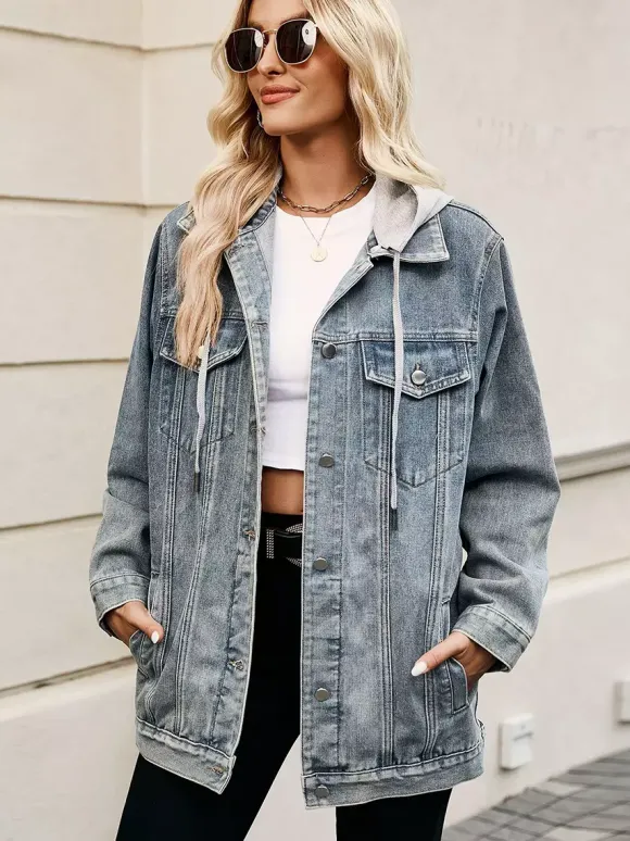 Veste en jean oversize à capuche pour femme - Manteau trucker long coupe boyfriend effet usé - Streetwear chic printemps 2026