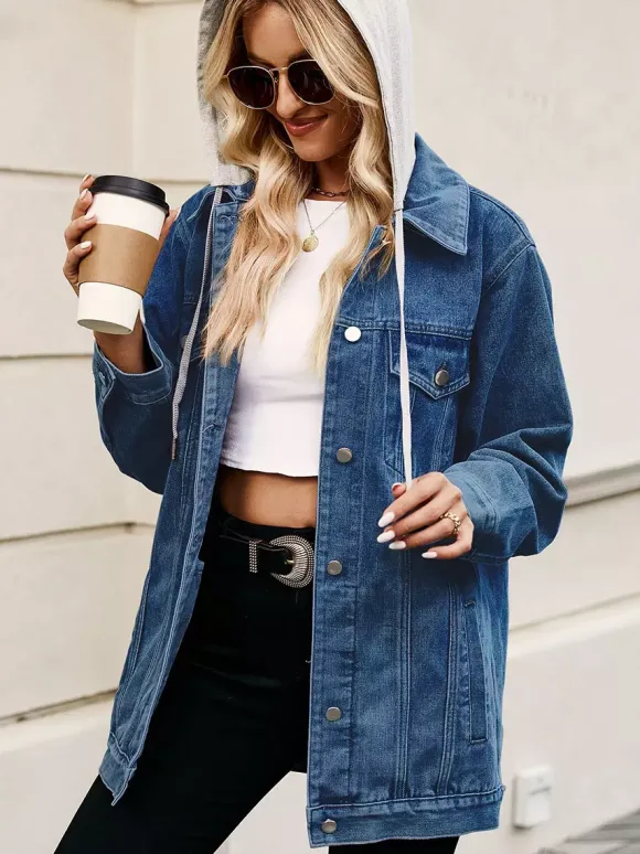 Veste en jean oversize à capuche pour femme - Manteau trucker long coupe boyfriend effet usé - Streetwear chic printemps 2026