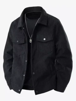 7. Veste en velours côtelé pour homme manches longues poches poitrine à rabat et poches latérales coupe-vent et durable style rétro