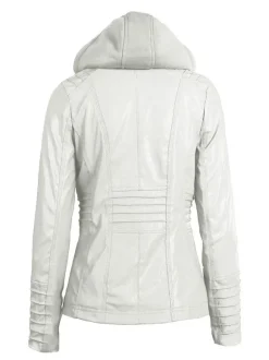 Veste Femme en Cuir Synthétique à Capuche avec Manches Longues à Zip Unicolore