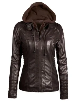 Veste Femme en Cuir Synthétique à Capuche avec Manches Longues à Zip Unicolore