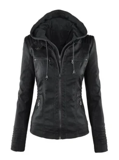 Veste Femme en Cuir Synthétique à Capuche avec Manches Longues à Zip Unicolore