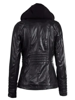Veste Femme en Cuir Synthétique à Capuche avec Manches Longues à Zip Unicolore