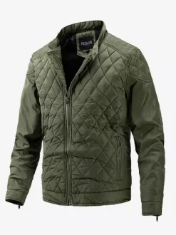 Veste motard décontractée à manches longues pour homme avec fermeture éclair et motif losange en coton