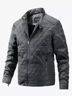 Veste motard décontractée à manches longues pour homme avec fermeture éclair et motif losange en coton