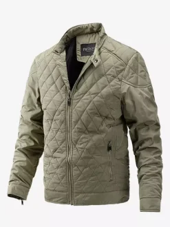 Veste motard décontractée à manches longues pour homme avec fermeture éclair et motif losange en coton