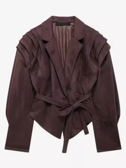 Veste portefeuille en suédine pour femme - Blazer marron tailleur coupe sablier épaules structurées - Collection printemps chic streetwear 2026