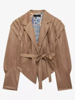 Veste portefeuille en suédine pour femme - Blazer marron tailleur coupe sablier épaules structurées - Collection printemps chic streetwear 2026