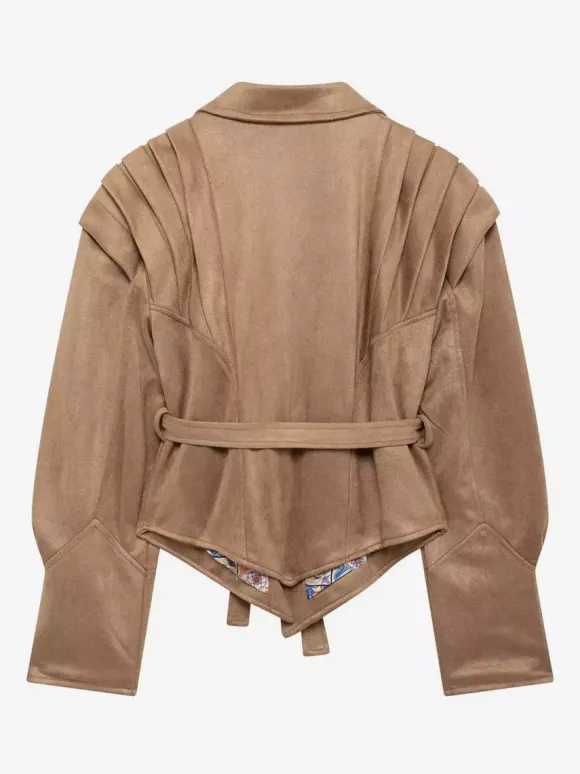 Veste portefeuille en suédine pour femme - Blazer marron tailleur coupe sablier épaules structurées - Collection printemps chic streetwear 2026