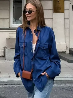 Veste pour femme col rabattu boutons sur le devant style décontracté veste bleue pour femme