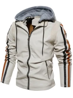 Vestes en cuir pour hommes Vestes de bombardier moto confortables à capuche et fermeture éclair à blocs de couleurs
