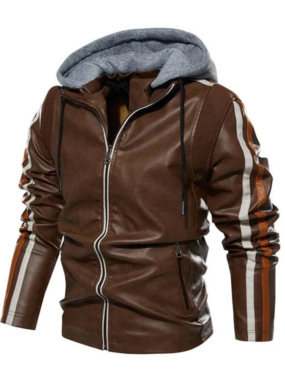 Vestes en cuir pour hommes Vestes de bombardier moto confortables à capuche et fermeture éclair à blocs de couleurs