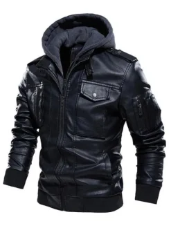Vestes en cuir pour hommes avec poches zippées et coupe-vent à capuche