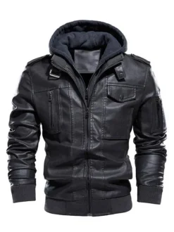 Vestes en cuir pour hommes avec poches zippées et coupe-vent à capuche