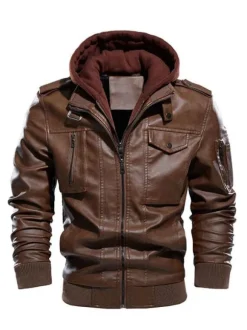 Vestes en cuir pour hommes avec poches zippées et coupe-vent à capuche