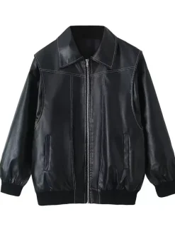 Vestes femmes col rabattu fermeture éclair décontracté manches bouffantes