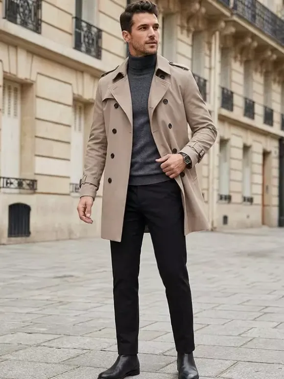 Vestes Hommes Manteaux Col Rabattu Confortable Bleu Foncé Double Boutonnage