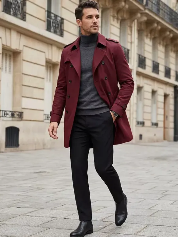 Vestes Hommes Manteaux Col Rabattu Confortable Bleu Foncé Double Boutonnage