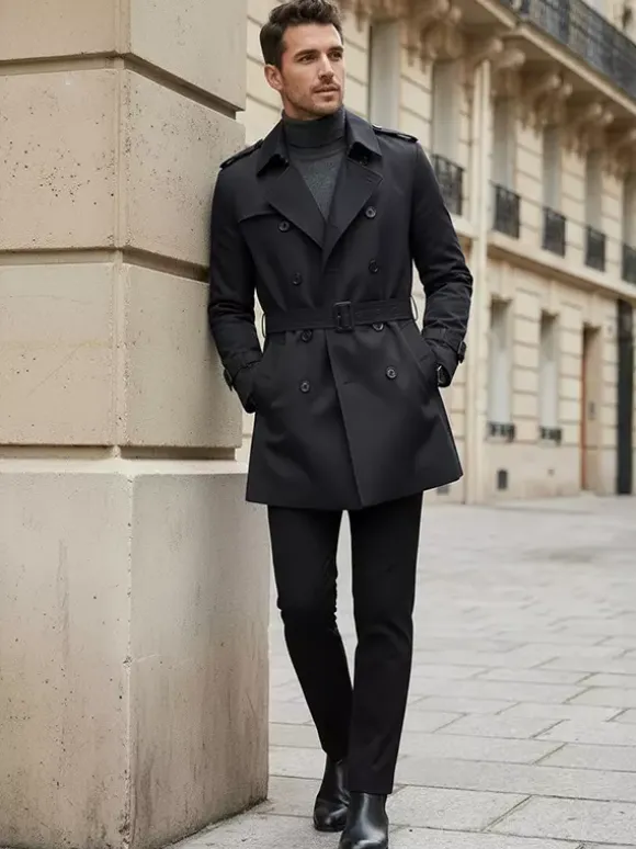 Vestes Hommes Manteaux Col Rabattu Confortable Bleu Foncé Double Boutonnage