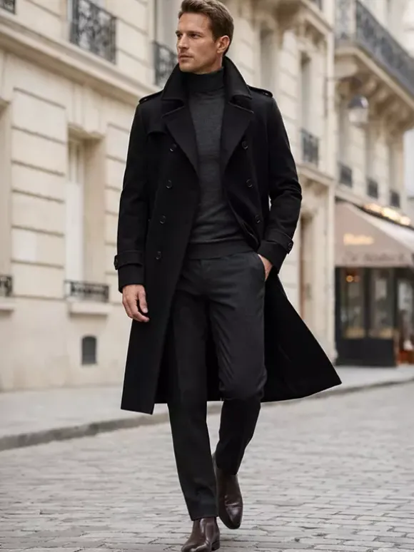 Vestes Pour Hommes Manteaux Long Croisé Col Rabattu Décontracté Camel Élégant
