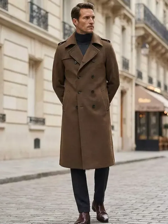 Vestes Pour Hommes Manteaux Long Croisé Col Rabattu Décontracté Camel Élégant