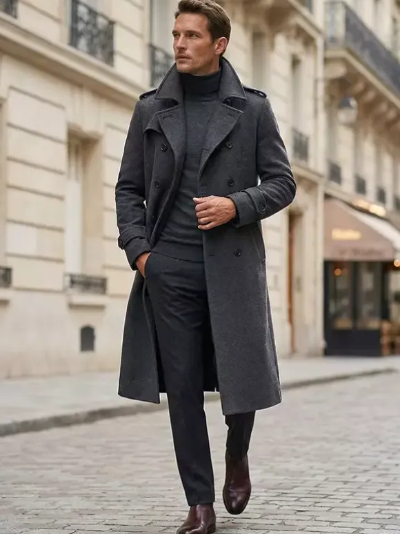 Vestes Pour Hommes Manteaux Long Croisé Col Rabattu Décontracté Camel Élégant