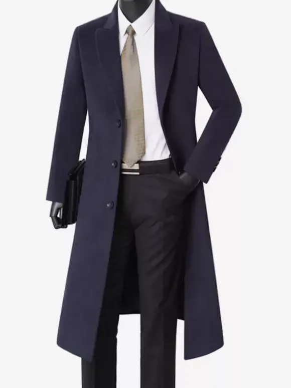 Vestes Pour Hommes Manteaux Col Rabattu Confortable Bleu Foncé Chaud Classique