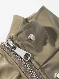 Veste safari en similicuir pour femme - Manteau mi-long à taille élastiquée col montant et poches cargo - Style streetwear chic printemps 2026