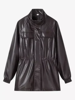 Veste safari en similicuir pour femme - Manteau mi-long à taille élastiquée col montant et poches cargo - Style streetwear chic printemps 2026