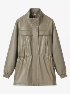Veste safari en similicuir pour femme - Manteau mi-long à taille élastiquée col montant et poches cargo - Style streetwear chic printemps 2026