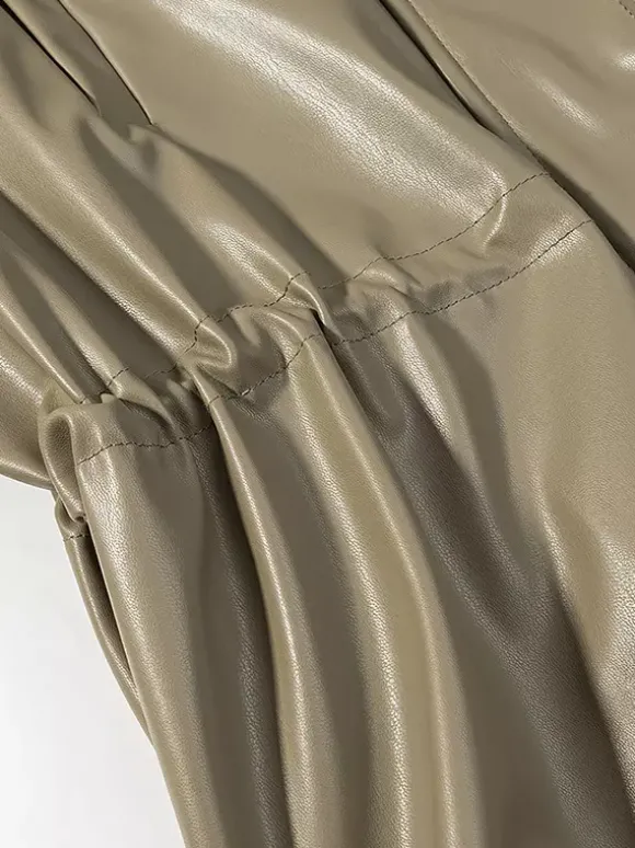 Veste safari en similicuir pour femme - Manteau mi-long à taille élastiquée col montant et poches cargo - Style streetwear chic printemps 2026
