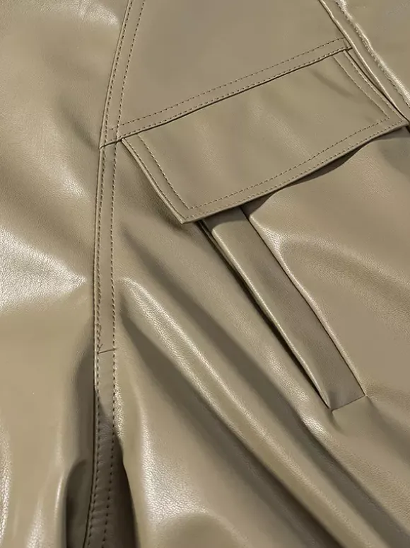Veste safari en similicuir pour femme - Manteau mi-long à taille élastiquée col montant et poches cargo - Style streetwear chic printemps 2026