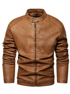 Vestes en similicuir pour hommes Vestes de moto à fermeture éclair de couleur unie