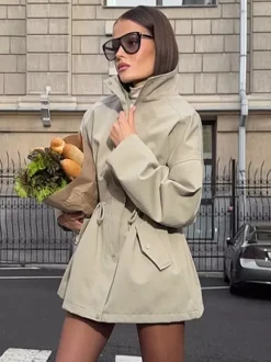 Veste utilitaire en pur coton pour femme - Coupe-vent slim fit à cordon de serrage style chic français - Vêtements d'extérieur décontractés pour le printemps 2026