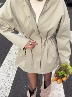 Veste utilitaire en pur coton pour femme - Coupe-vent slim fit à cordon de serrage style chic français - Vêtements d'extérieur décontractés pour le printemps 2026