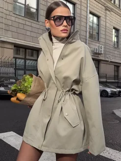 Veste utilitaire en pur coton pour femme - Coupe-vent slim fit à cordon de serrage style chic français - Vêtements d'extérieur décontractés pour le printemps 2026