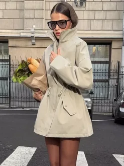 Veste utilitaire en pur coton pour femme - Coupe-vent slim fit à cordon de serrage style chic français - Vêtements d'extérieur décontractés pour le printemps 2026