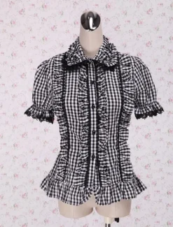Vichy blanc noir Lolita Blouse manches courtes volants dentelle Déguisements Halloween