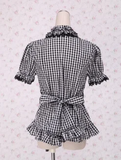 Vichy blanc noir Lolita Blouse manches courtes volants dentelle Déguisements Halloween