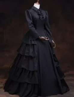 Victoria Robe Costume noir rétro à volants femmes mascarade robes de bal royal Déguisement Vintage Déguisements Halloween