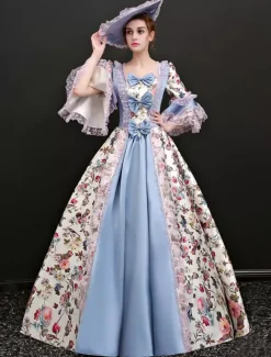 Victoria Robe Costume Rococo Opéra Vintage gris bleu en jacquard Déguisements Halloween